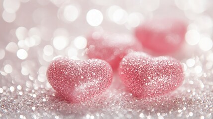Obraz premium Glittery pink hearts scattered on a shimmering white background, ideal for romantic occasions and Valentineâ€™s Day celebrations.