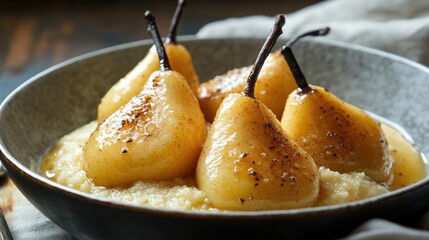 Caramelized William pears elegantly presented on creamy semolina, drizzled with a rich sauce and sprinkled with black pepper in a rustic bowl.