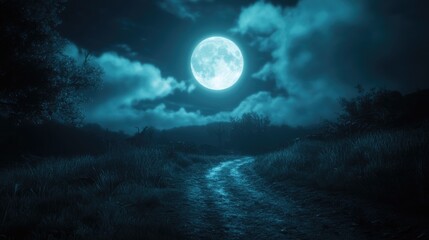Fototapeta premium Eerie full moon casting a soft glow over a dark path, surrounded by ominous white clouds and shadows of trees in a tranquil night landscape.