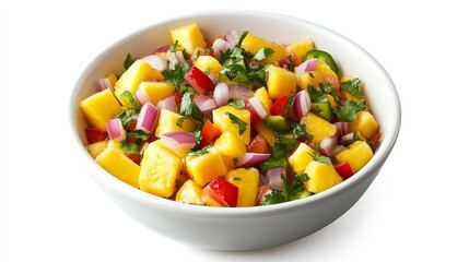 A bowl of vibrant tropical fruit salsa with diced mango, pineapple, red onion