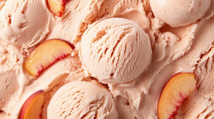 Creamy peach ice cream displayed in a close-up view, featuring smooth scoops and fresh peach slices scattered throughout the velvety texture.