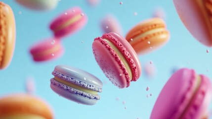 Colorful French macarons suspended in mid-air, showcasing a whimsical array of pastel hues and a playful sense of motion amid a bright blue background.