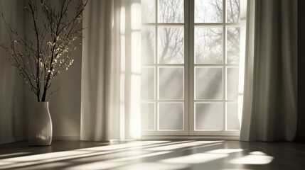 Bright Scandinavian bedroom with minimalistic decor, featuring white walls and natural sunlight filtering through sheer curtains by a large window.