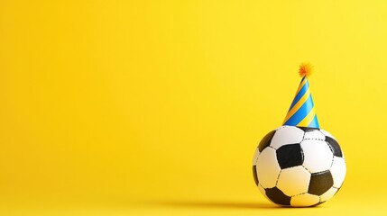 Soccer-themed birthday celebration banner featuring a festive soccer ball topped with a colorful party hat against a vibrant yellow background with text space.