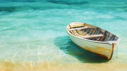 Naklejka premium Wooden boat gently floating in clear turquoise waters, nestled against a serene tropical shoreline with soft sandy beach.