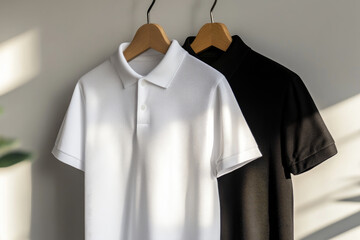 two plain black and white polo t-shirts for a mockup hanging on a hanger, side view.