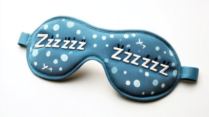 Obraz premium Blue eye mask featuring a playful Zzzzzz design and polka dots, isolated on a clean white background, perfect for promoting relaxation and sleep.