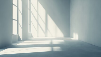 Obraz premium Bright white and grey gradient background showcasing sunlit empty studio with large windows casting shadows on the floor