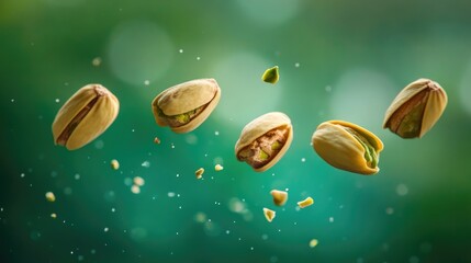 Levitating pistachios emphasize a healthy snack idea, showcasing fresh whole and cracked nuts against a vibrant green background.