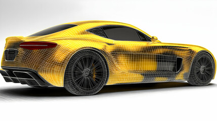 Naklejka premium A 3D Wireframe Model of a Yellow Sports Car Rendered with Detailed Design and a White Background.