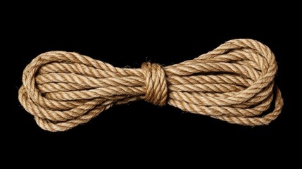 Close-up view of a tightly coiled natural fiber rope with a secure knot, set against a plain, dark background, emphasizing its texture and strength.