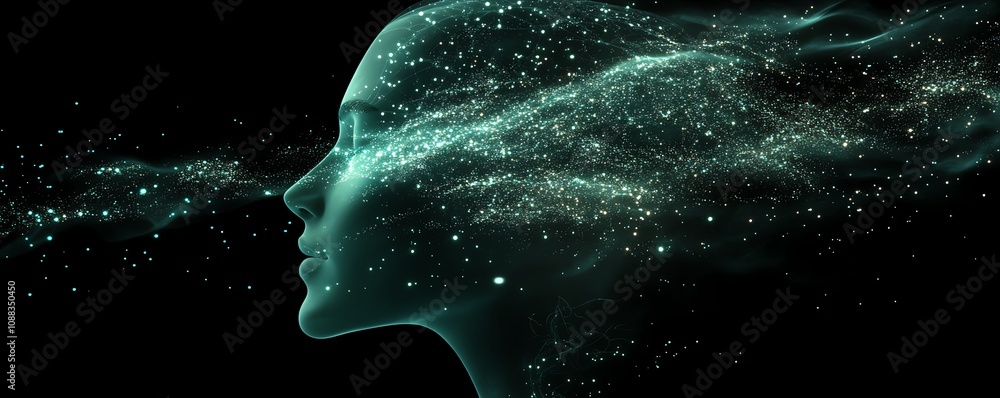 Poster Abstract digital human head with glowing data particles, dark backdrop, artificial intelligence theme, hightech technology, futuristic neural connections