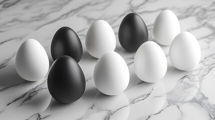 Modern minimalist Easter eggs in monochrome shades, arranged in a linear pattern on a veined marble table, sharp shadows, clean and sleek design, photorealistic rendering, high-detail finish,