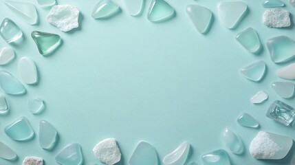 Assorted sea glass pieces arranged in a circular pattern on a mint background, creating a decorative frame for text in a top view flat lay composition.