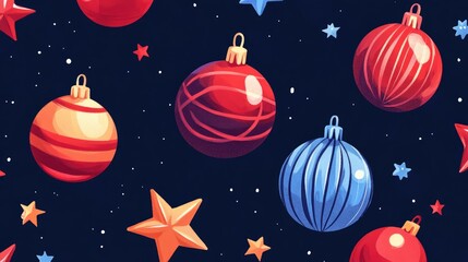 Colorful Christmas ornaments and stars scattered over a dark blue background, creating a festive and joyful holiday ambiance.