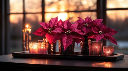 Cheerful holiday arrangement featuring vibrant pink poinsettias in stylish pots, complemented by glowing candles creating a warm and inviting atmosphere at sunset.