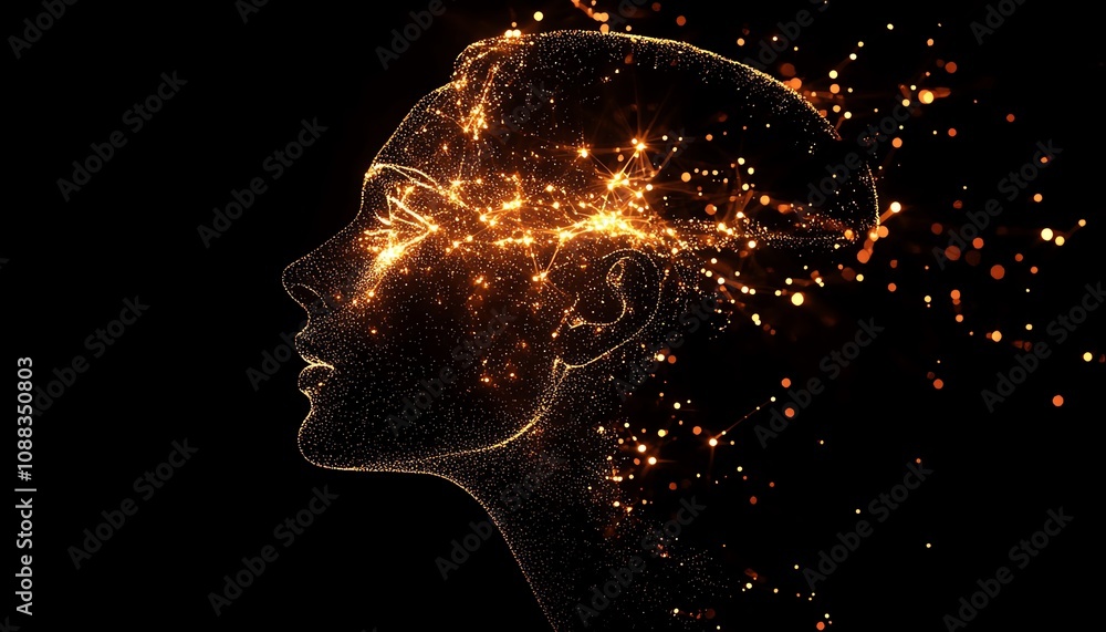 Aufkleber abstract human head made of glowing digital network connections, dark background, ai generative art 
