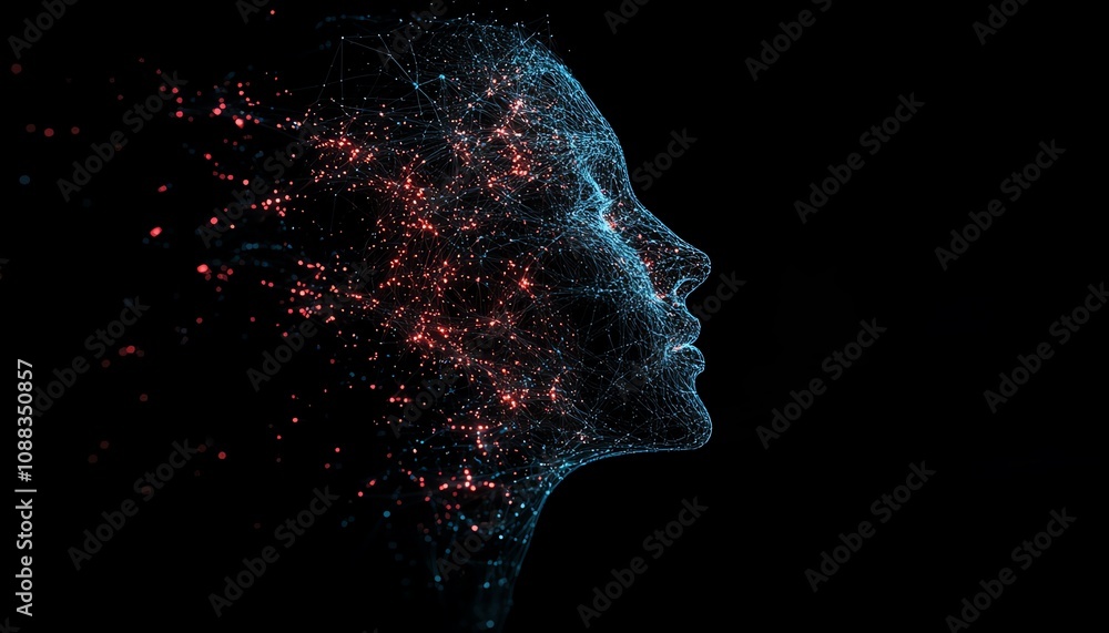 Aufkleber abstract human head made of glowing digital network connections, dark background, ai generative art 