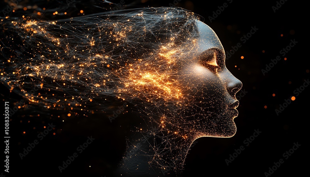 Aufkleber abstract human head made of glowing digital network connections, dark background, ai generative art 