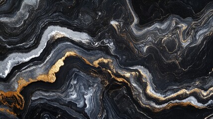 Black marble texture featuring swirling patterns of gray and white with elegant gold accents, perfect for sophisticated paper design backgrounds.