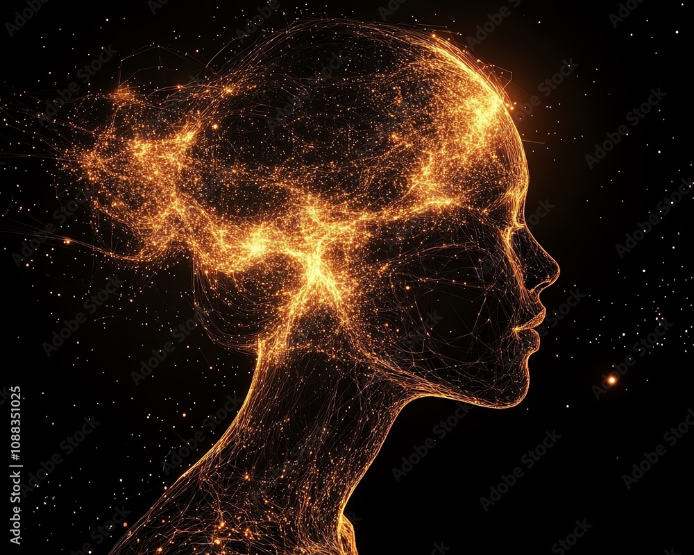 Aufkleber abstract human head shaped from luminous network lines, dark backdrop, ai generative, futuristic dig