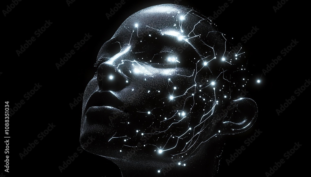 Poster aigenerated abstract human head with glowing network connections, dark background, futuristic and di