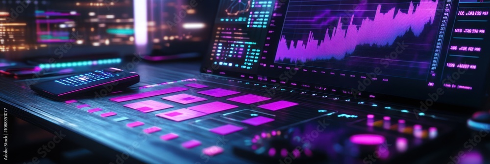 Poster A futuristic control panel with vibrant colors and data visualizations for technological analysis.