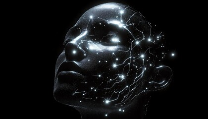 Naklejka premium AIgenerated abstract human head with glowing network connections, dark background, futuristic and digital design, neural connections concept