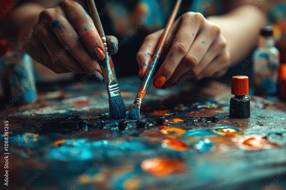 Poster close-up of hands painting with brushes and vibrant colors on a textured surface.