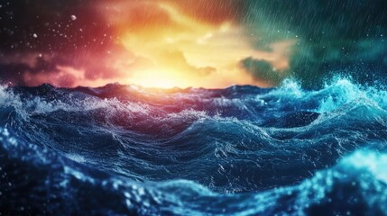 Fototapeta premium Dynamic Seaside View with Dramatic Waves Under Rainy Horizon and Vibrant Sunset Glow