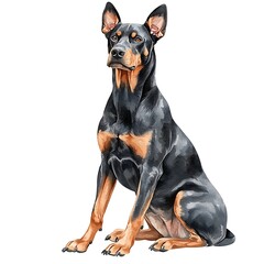 Obraz premium Watercolor Painting of a Doberman Pinscher Dog Sitting. 