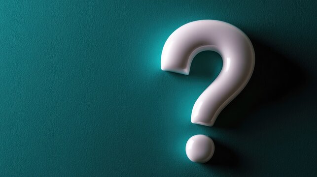 Minimalist white question mark on a teal background symbolizing inquiry and curiosity with a smooth, glossy finish.