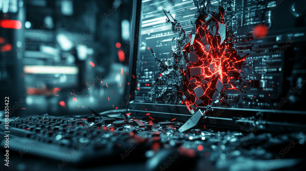 Aufkleber hackers attacked a computer system. a visual shows a damaged security system, highlighting the cyber