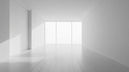 Fototapeta premium Spacious minimalist white room with wooden flooring and a large window, perfect for interior design projects or product presentations.