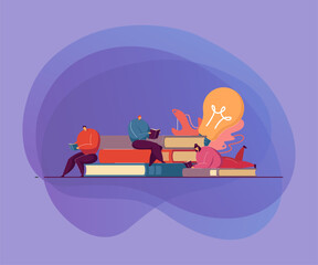 Bookworms or book lovers enjoying reading in library or bookstore. Students studying textbooks. Vector illustration for literature, hobby, education, readers concept