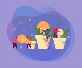 Business team growing ideas as potted plants. Men carrying lightbulb, black girl climbing ladder, man watering idea plant. Business, ecology, teamwork, creativity concept for banner or website design