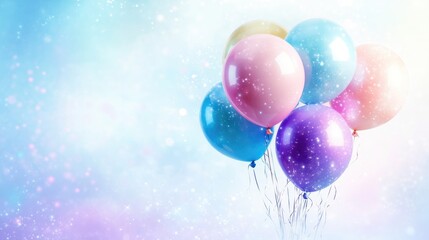 Birthday card design showcasing a cluster of pastel blue, pink, and purple balloons against a dreamy light background, ideal for personal messages.