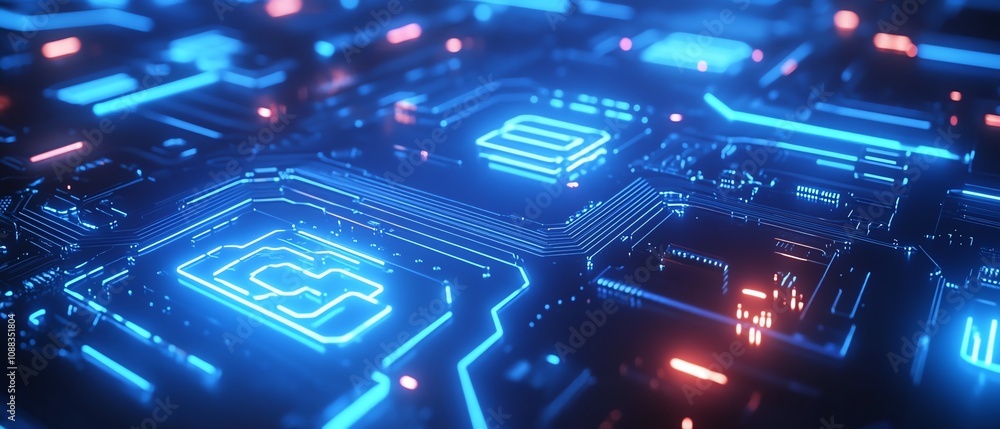 Poster blue illuminated circuit board with glowing lines, intricate patterns on a dark background, cyberpun