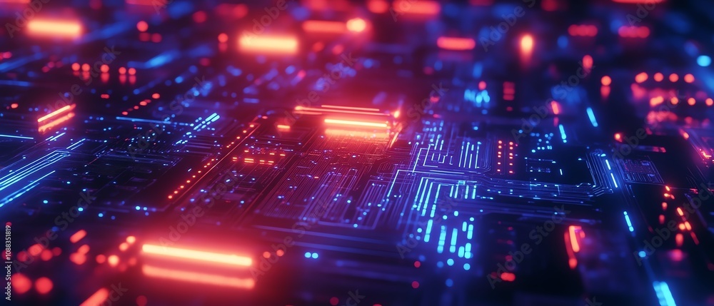 Poster blue illuminated circuit board with glowing lines, intricate patterns on a dark background, cyberpun