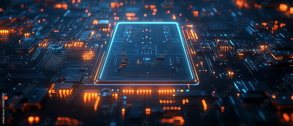 Poster blue illuminated circuit board with glowing lines, intricate patterns on a dark background, cyberpun