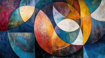 Vibrant contemporary abstract art featuring dynamic geometric shapes including circles and diamonds in bold colors and textured patterns.