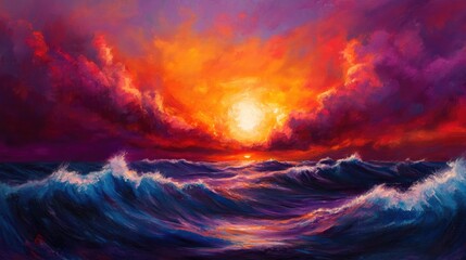 Naklejka premium Vivid sunset over ocean waves with vibrant clouds, creating a serene and tranquil seascape reflecting nature's beauty and harmony
