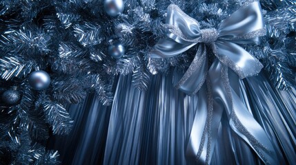 Christmas backdrop adorned with silver ribbons and shimmering decorative elements, featuring a glistening blue theme and festive ornaments.