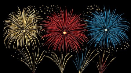 Vibrant New Year's Eve celebration banner featuring colorful fireworks in gold, red, and blue illuminating the dark night sky for festive greetings.