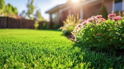 Lush green lawn with vibrant flowerbed and deciduous shrubs, basking in sunlight, showcasing neatly trimmed grass in a serene outdoor setting.