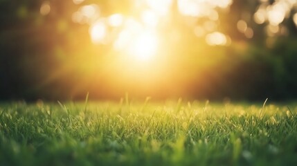 Sunlit Blurred Bokeh Grass Field with Soft Greenery and Warm Natural Light