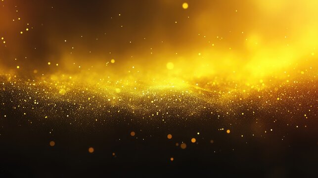 Glowing yellow particle bokeh texture with sparkling lights creating an enchanting festive background and ample space for text display