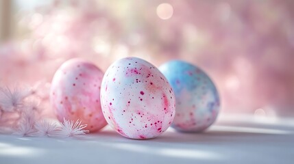 Obraz premium Pastel-colored Easter eggs with abstract watercolor designs, placed on a soft white surface, light reflections adding a glowing effect, photorealistic textures, muted tones,