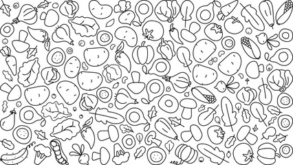 Organic Food Doodle Vector Background. A hand-drawn vector set featuring a variety vegetables. Perfect for eco-themed designs, menus, or recipe illustrations.