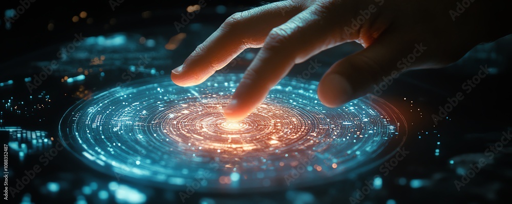 Poster closeup of hand using glowing round hologram of business graph, dark background, financial growth, a